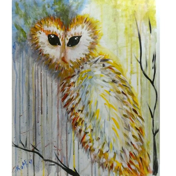 Acrylic Painting OWL in the Woods Impressionism Expressionism Original by Artist - Picture 1 of 9